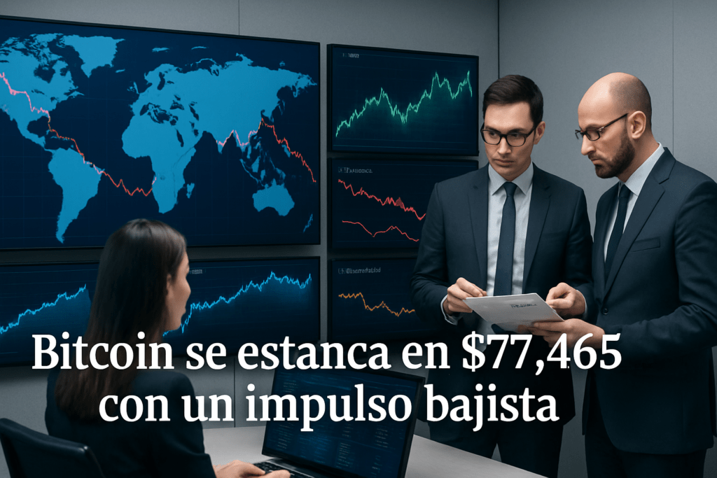 Imagen editorial para la noticia Bitcoin se estanca en $77,465 con un impulso bajista