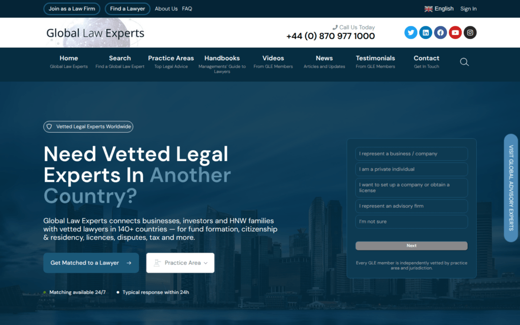 Captura de la portada del sitio web de GLOBAL LAW EXPERTS, con fines informativos.