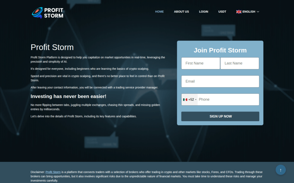 Captura de la portada del sitio web de Profit Storm, con fines informativos.