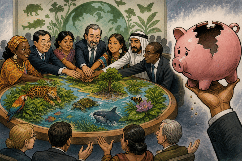 Imagen editorial factual sobre Acuerdo en COP17 para Acelerar la Acción en Biodiversidad a Pesar de la Falta de Fondos; ilustración sin recomendación de inversión.