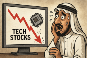 Imagen editorial factual sobre Caída de acciones en Arabia Saudita y el impacto en el mercado tecnológico; ilustración sin recomendación de inversión.