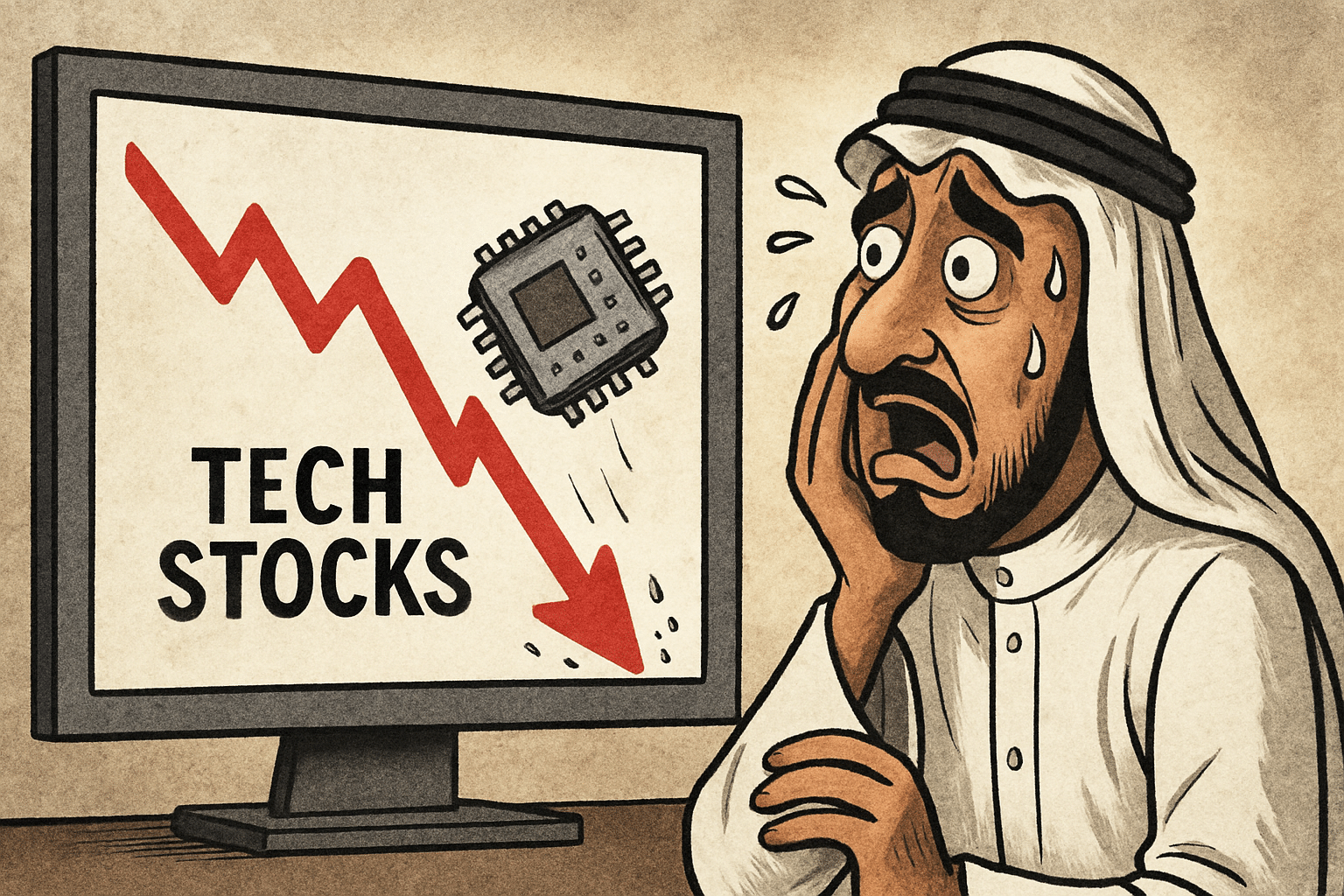 Imagen editorial factual sobre Caída de acciones en Arabia Saudita y el impacto en el mercado tecnológico; ilustración sin recomendación de inversión.