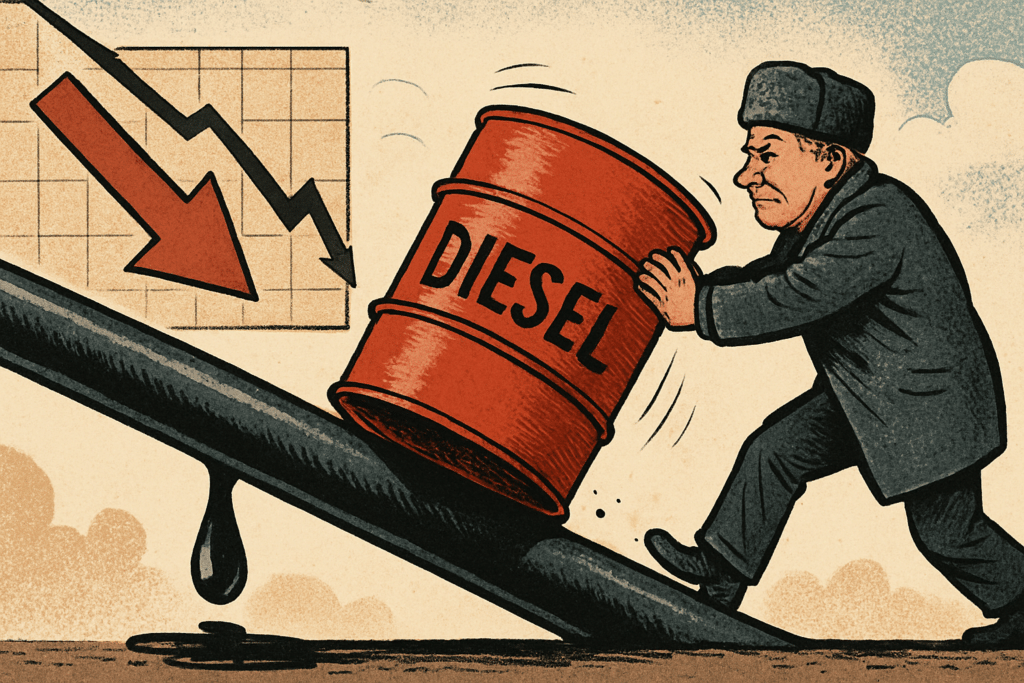 Imagen editorial factual sobre Caída de precios del petróleo ante aumento de exportaciones de diésel de Rusia; ilustración sin recomendación de inversión.