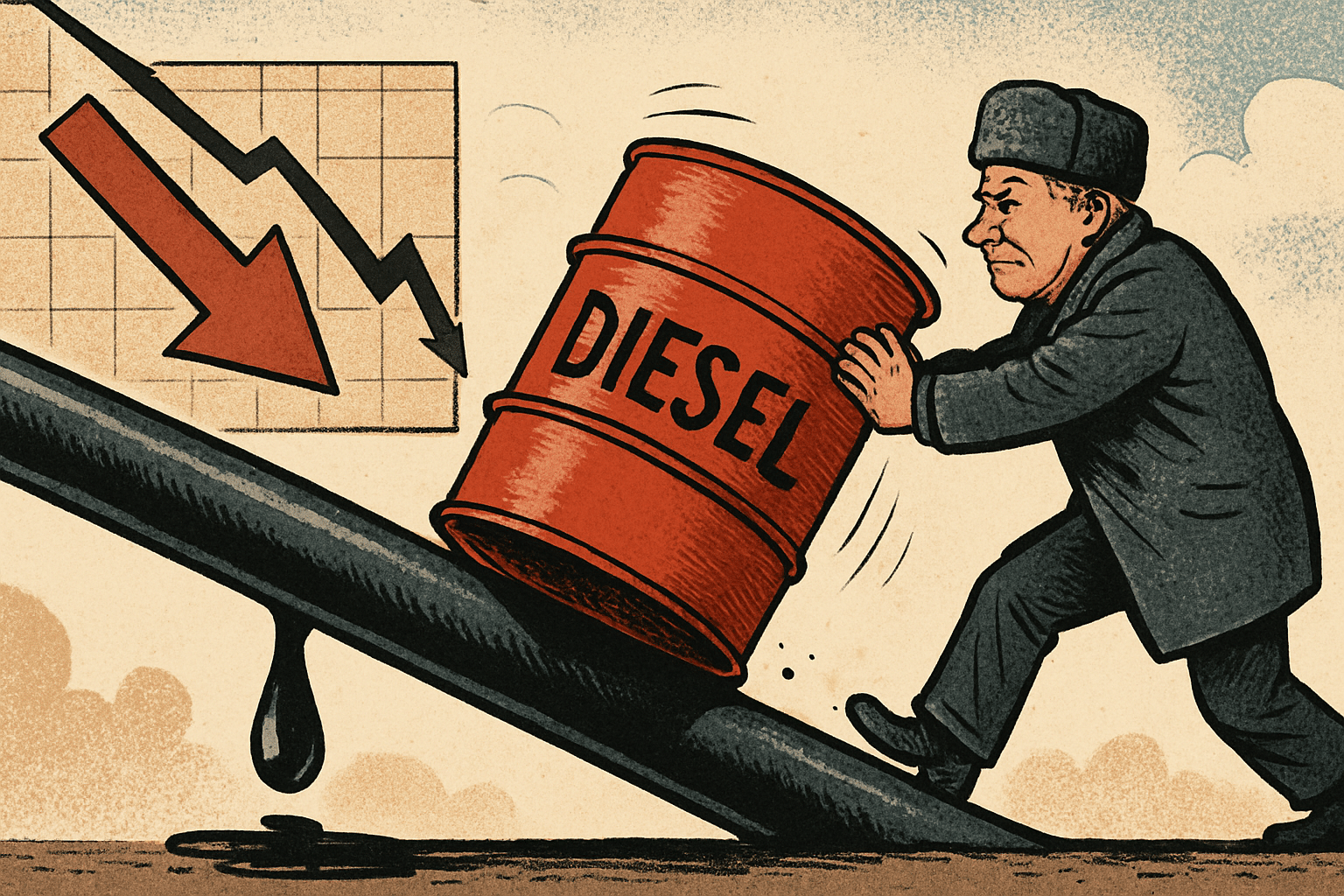 Imagen editorial factual sobre Caída de precios del petróleo ante aumento de exportaciones de diésel de Rusia; ilustración sin recomendación de inversión.