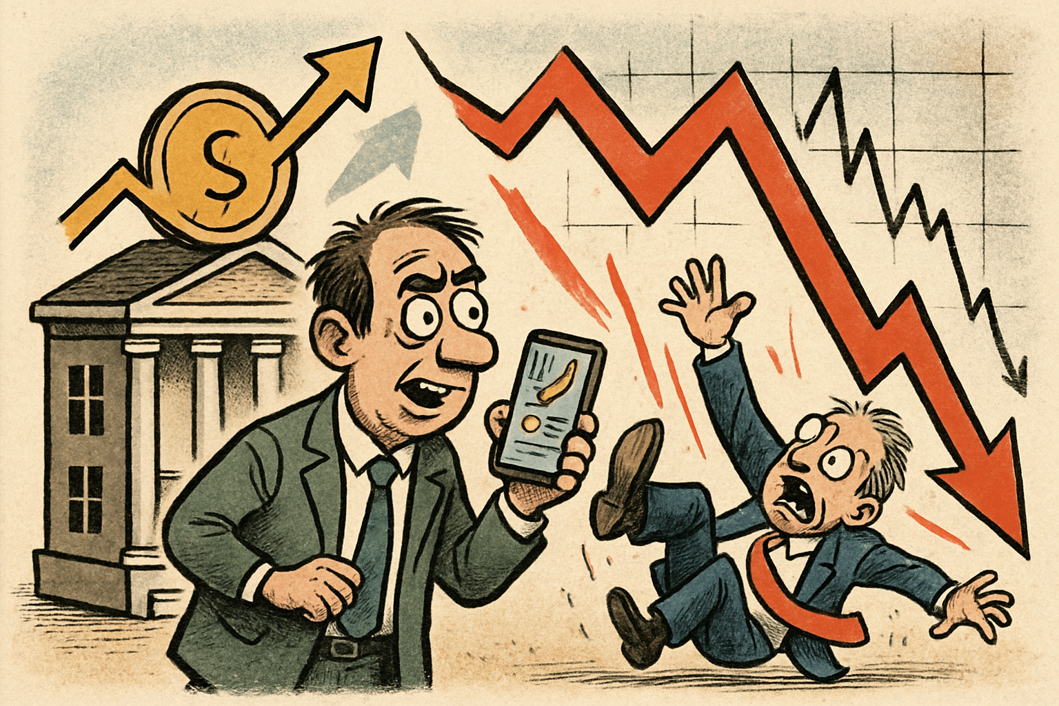 Imagen editorial factual sobre Desafíos en el Mercado: Caídas de Acciones y Nuevas Innovaciones en Tecnología Financiera; ilustración sin recomendación de inversión.