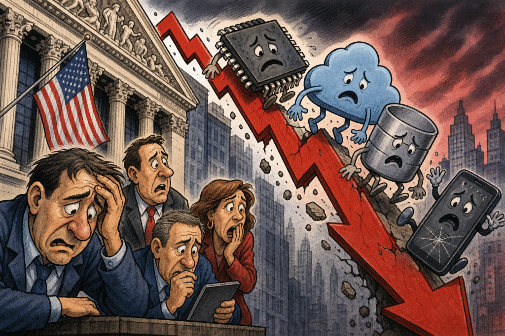 Imagen editorial factual sobre Desafíos en el Mercado Tecnológico y Financiero: Caídas en Wall Street y Cambios en las Perspectivas de Empresas Clave; ilustración sin recomendación de inversión.