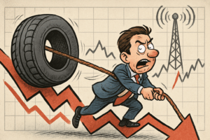 Imagen editorial factual sobre Fluctuaciones en el Mercado: Análisis de Tendencias en la Industria de Neumáticos y Telecomunicaciones; ilustración sin recomendación de inversión.