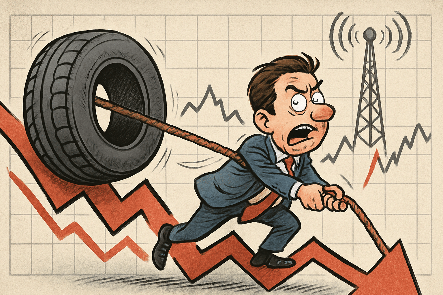 Imagen editorial factual sobre Fluctuaciones en el Mercado: Análisis de Tendencias en la Industria de Neumáticos y Telecomunicaciones; ilustración sin recomendación de inversión.