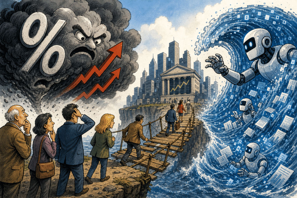 Imagen editorial factual sobre GS Identifica Tasas de Interés y Disrupción de IA como Riesgos para la Demanda de Acciones a Largo Plazo; ilustración sin recomendación de inversión.